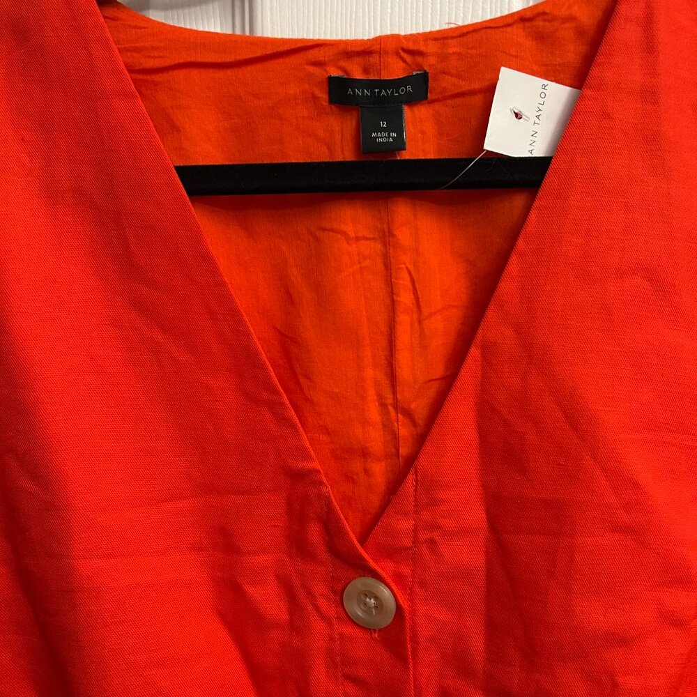 Nwt ANN TAYLOR red cotton/linen blend V-neck coat dress (12) - Picture 2 of 8